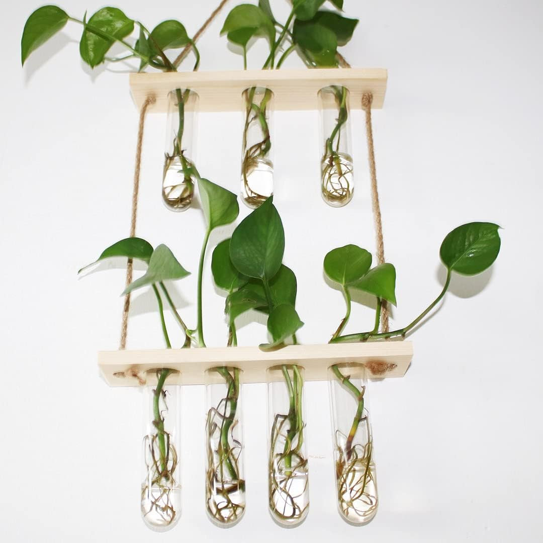 Hanging Planters, Hanging Glass Vases Propagation Station for Hydroponic Plants Flower Indoor Outdoor Home Garden Office Wall Decoration (7 Test Tube, Beige)
