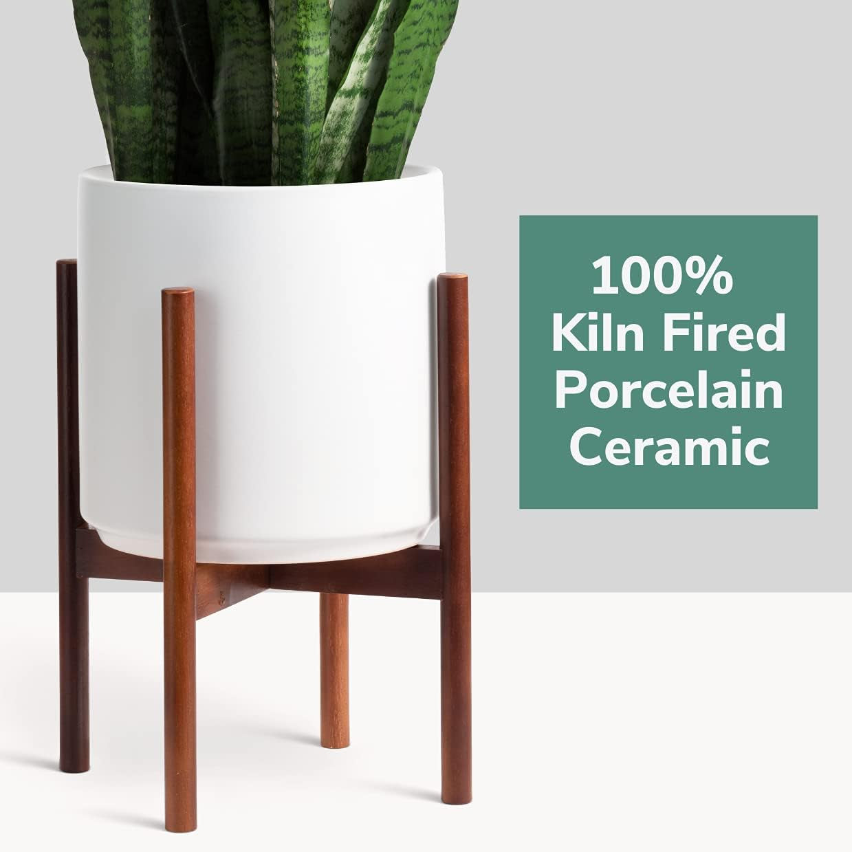 12" White Classic Planter and Plant Stand. Ceramic Plant Pot and Wood Plant Stand Set.