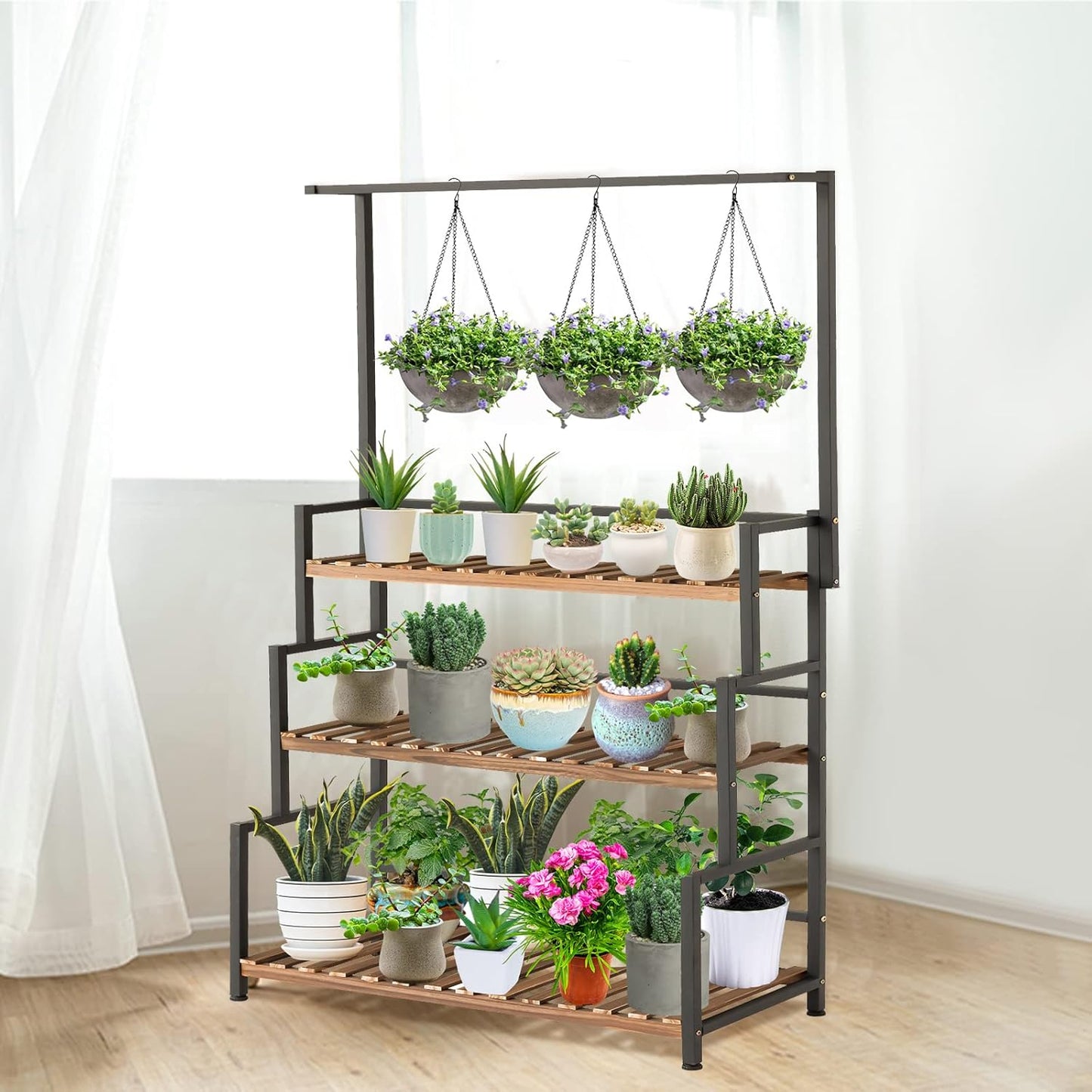 Plant Stand Outdoor Indoor Hanging Plant Shelf for Multiple Plants 3 Tier Tall Plant Stand Wood Rack with Metal Frame for Patio Garden Balcony