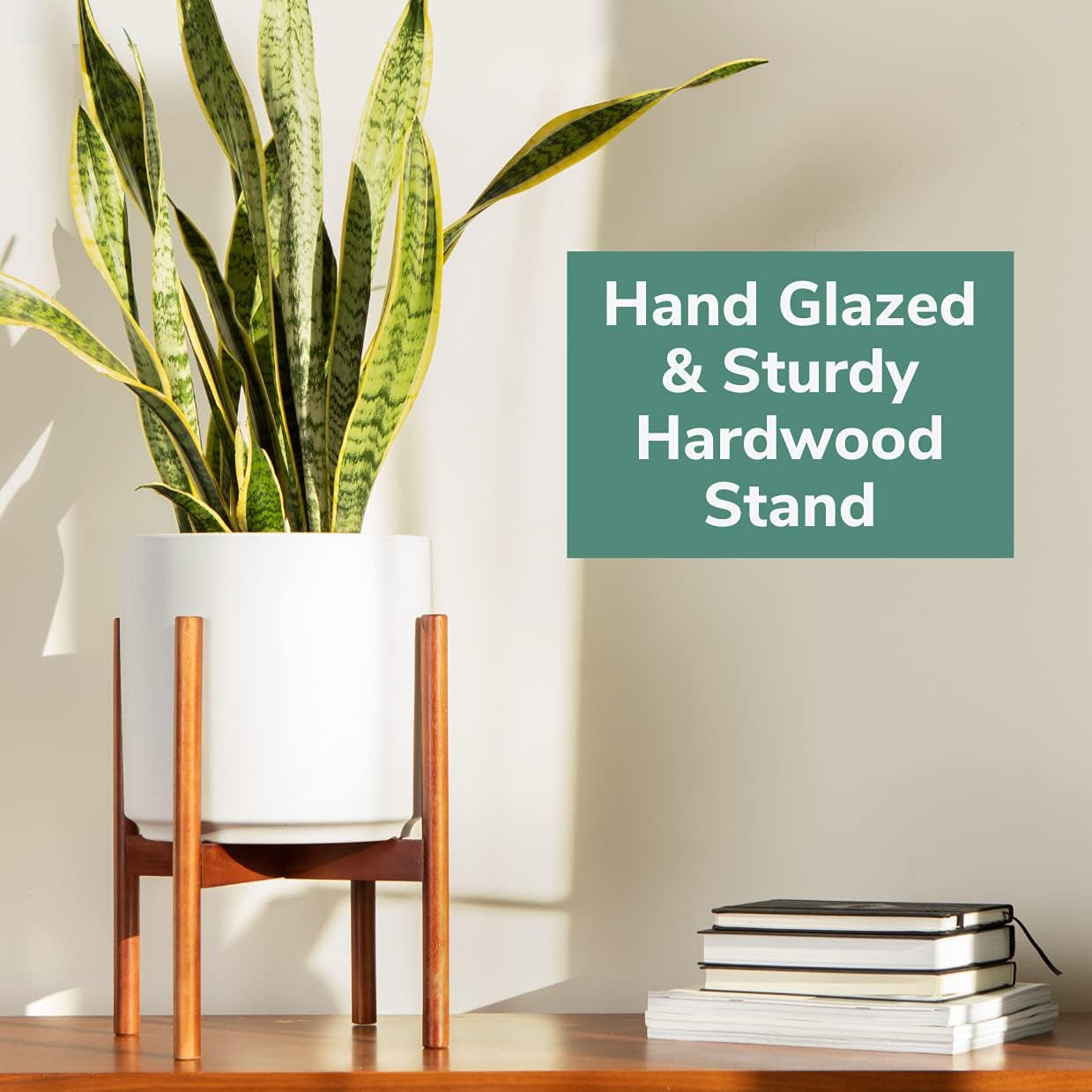 12" White Classic Planter and Plant Stand. Ceramic Plant Pot and Wood Plant Stand Set.