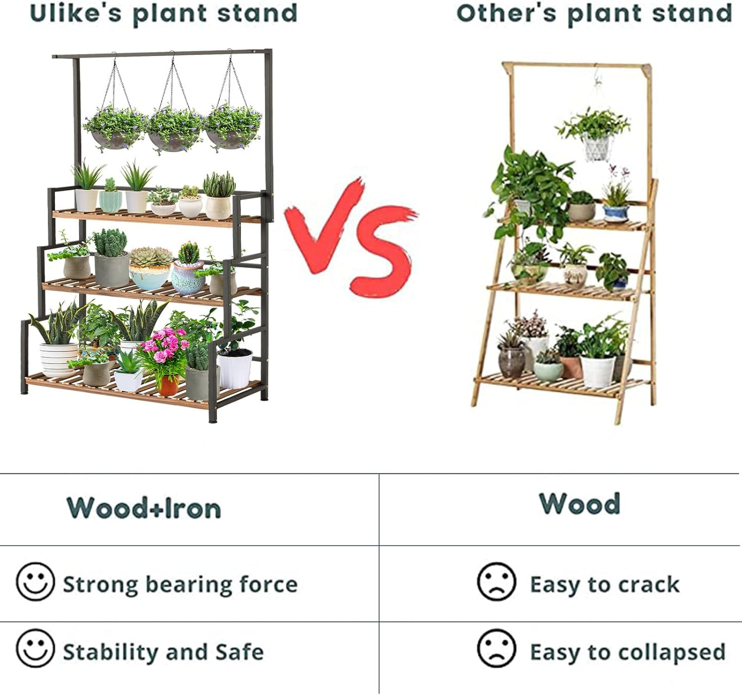 Plant Stand Outdoor Indoor Hanging Plant Shelf for Multiple Plants 3 Tier Tall Plant Stand Wood Rack with Metal Frame for Patio Garden Balcony