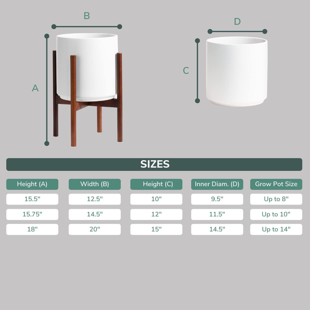 12" White Classic Planter and Plant Stand. Ceramic Plant Pot and Wood Plant Stand Set.