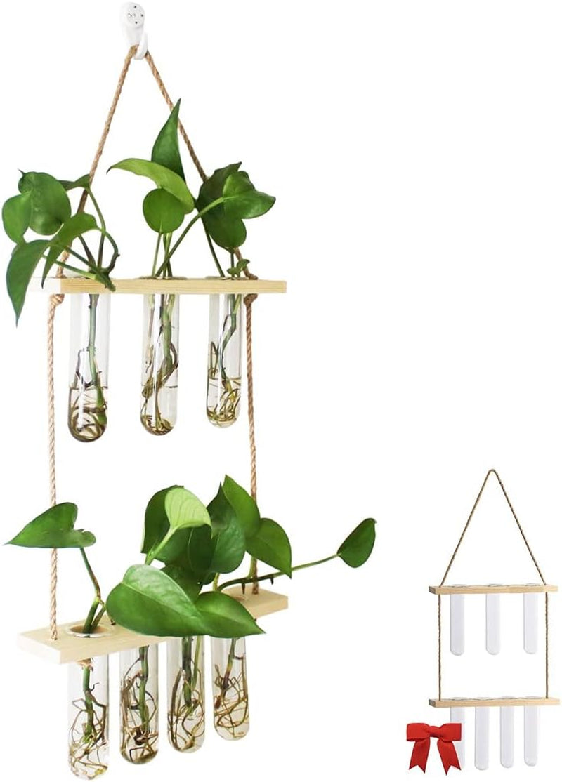 Hanging Planters, Hanging Glass Vases Propagation Station for Hydroponic Plants Flower Indoor Outdoor Home Garden Office Wall Decoration (7 Test Tube, Beige)