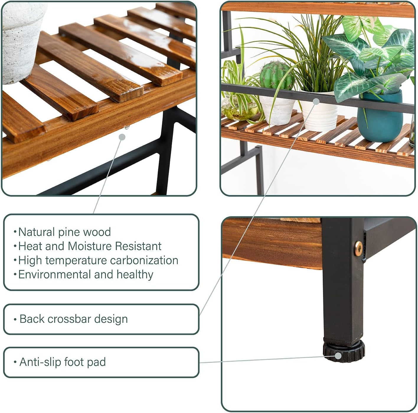 Plant Stand Outdoor Indoor Hanging Plant Shelf for Multiple Plants 3 Tier Tall Plant Stand Wood Rack with Metal Frame for Patio Garden Balcony