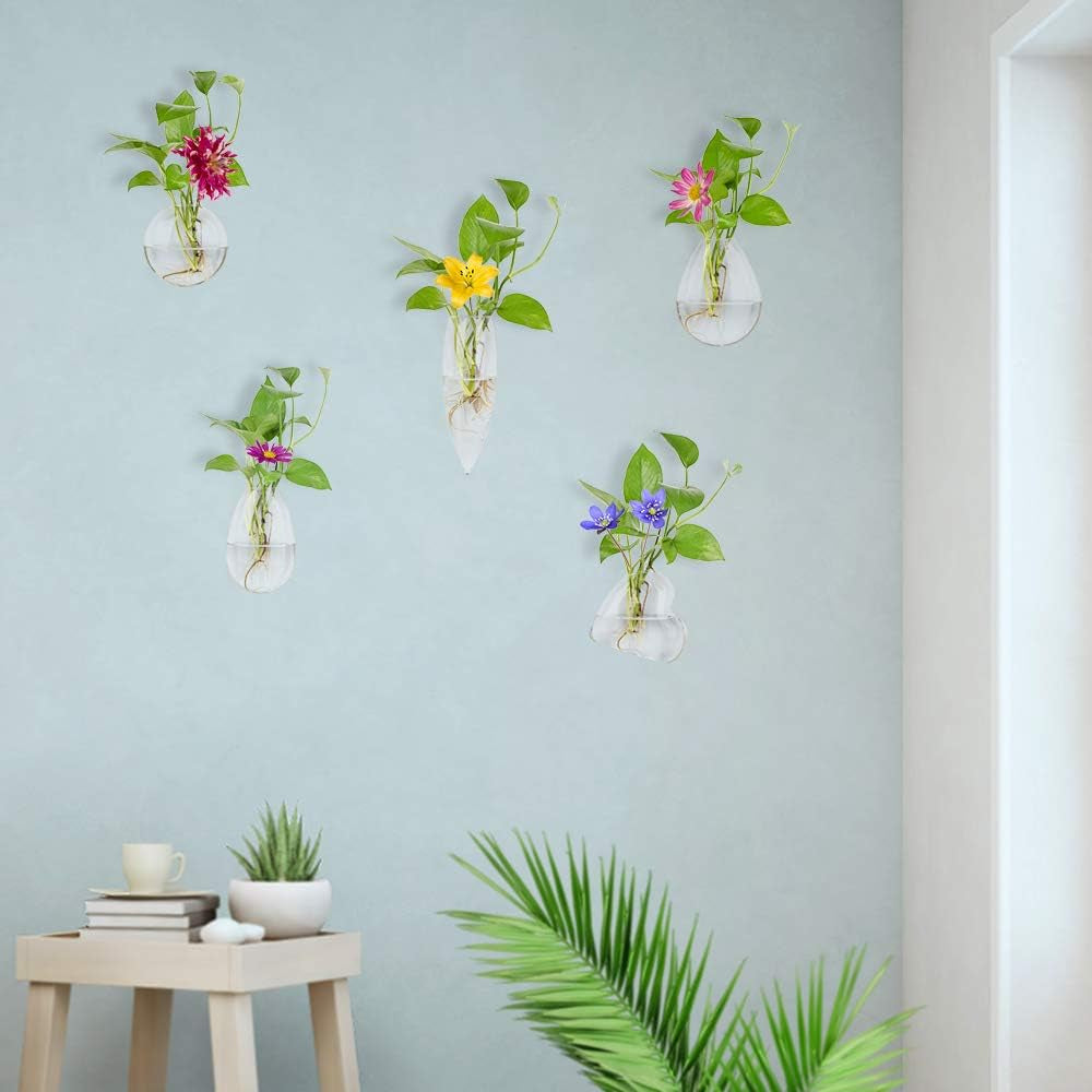 Different Geometric Wall Glass Vase Set of 5 for Water Plants or Flowers, Garden Wall Decoration (Clear 5)