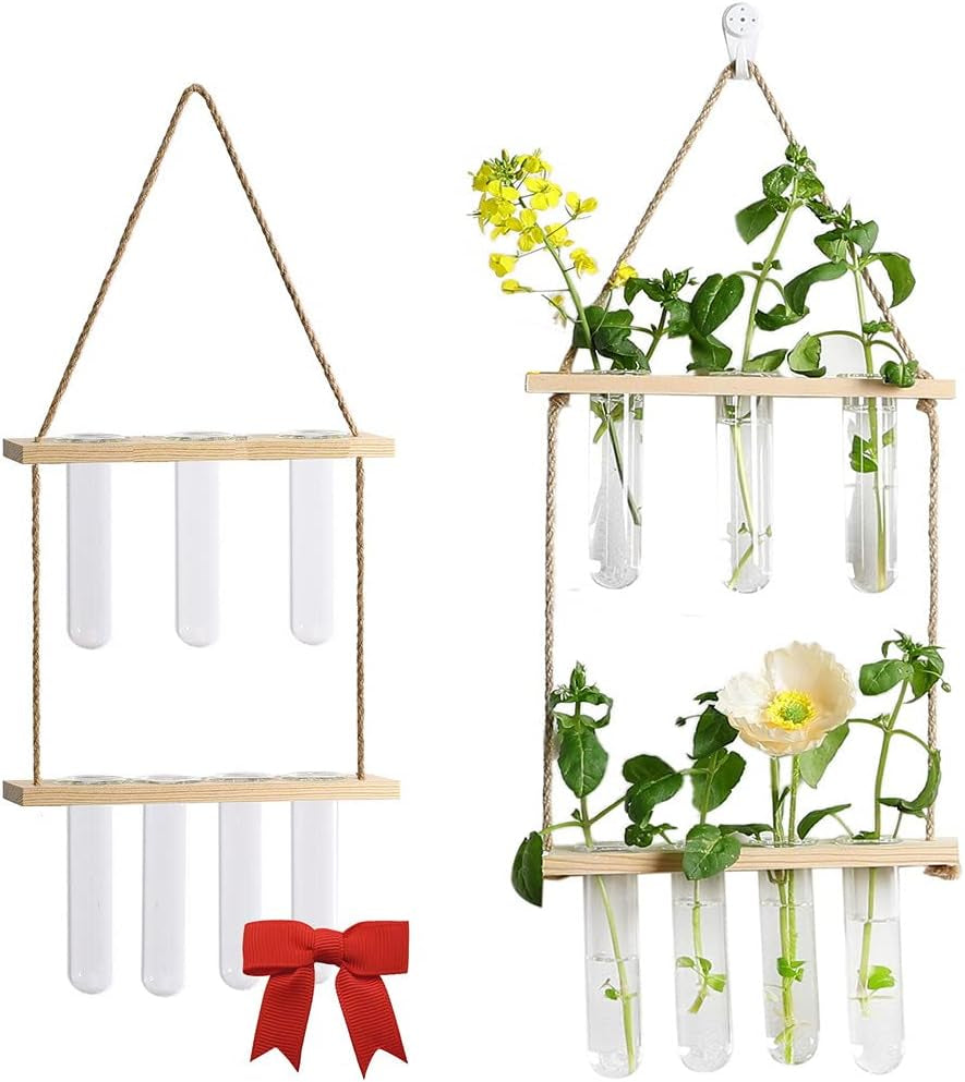 Hanging Planters, Hanging Glass Vases Propagation Station for Hydroponic Plants Flower Indoor Outdoor Home Garden Office Wall Decoration (7 Test Tube, Beige)