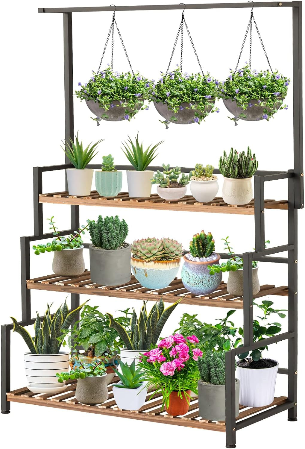 Plant Stand Outdoor Indoor Hanging Plant Shelf for Multiple Plants 3 Tier Tall Plant Stand Wood Rack with Metal Frame for Patio Garden Balcony