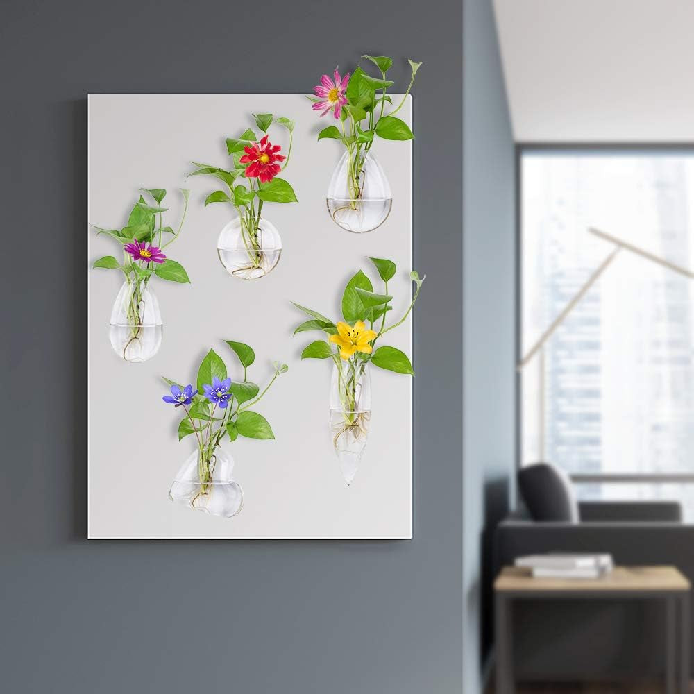 Different Geometric Wall Glass Vase Set of 5 for Water Plants or Flowers, Garden Wall Decoration (Clear 5)
