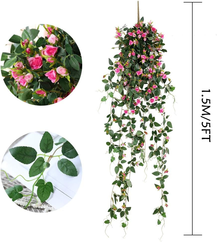 Artificial Hanging Plants with Rose Flowers, 5FT Garland Fake Hanging Flower Greeny Chain Wall Home Room Garden Wedding Indoor Outdoor Decorative (Purple, Not Include Basket)