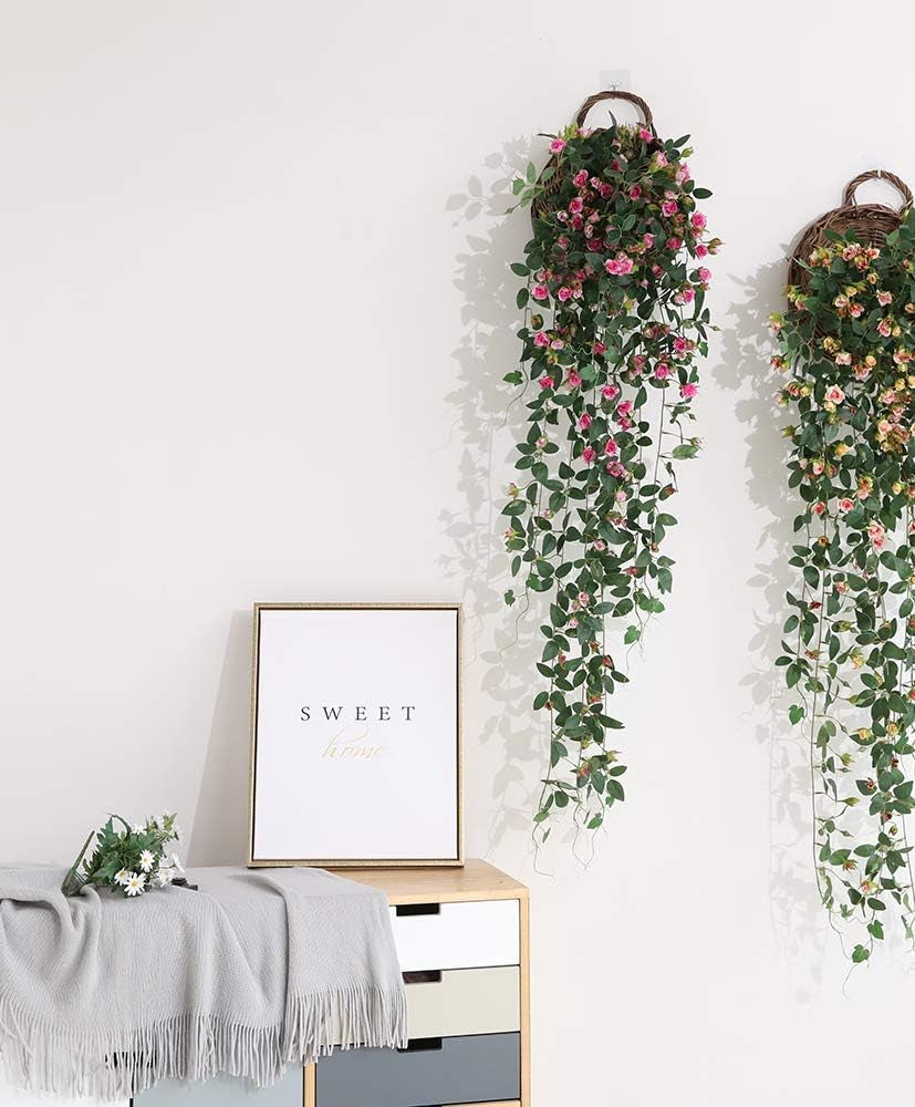Artificial Hanging Plants with Rose Flowers, 5FT Garland Fake Hanging Flower Greeny Chain Wall Home Room Garden Wedding Indoor Outdoor Decorative (Purple, Not Include Basket)