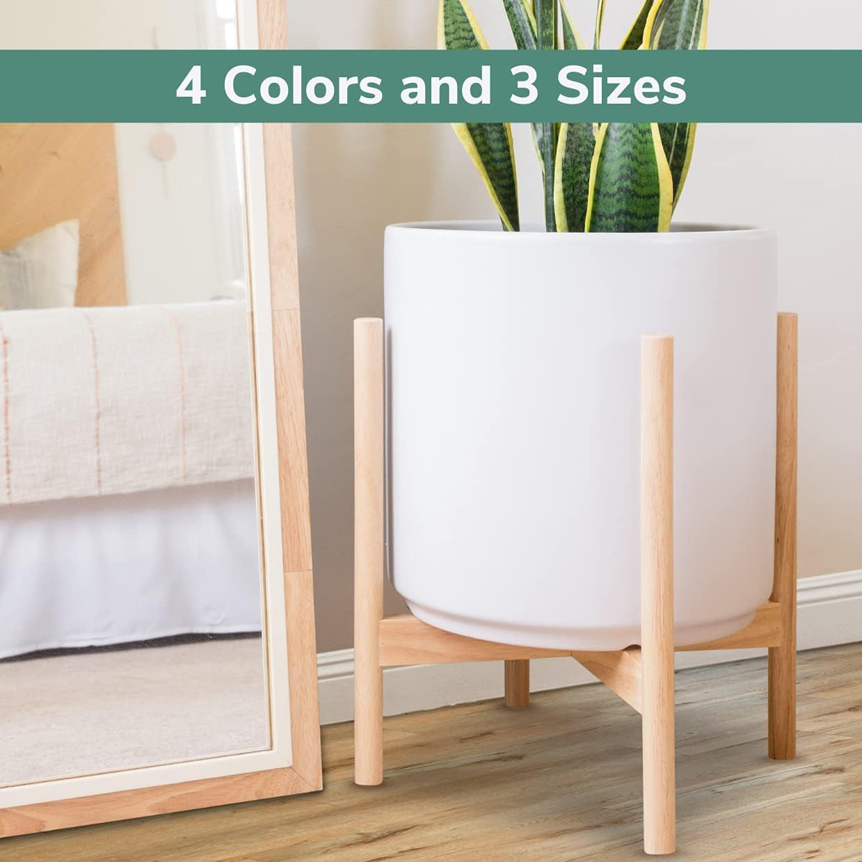 12" White Classic Planter and Plant Stand. Ceramic Plant Pot and Wood Plant Stand Set.