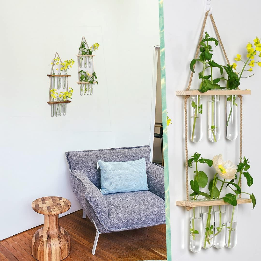 Hanging Planters, Hanging Glass Vases Propagation Station for Hydroponic Plants Flower Indoor Outdoor Home Garden Office Wall Decoration (7 Test Tube, Beige)