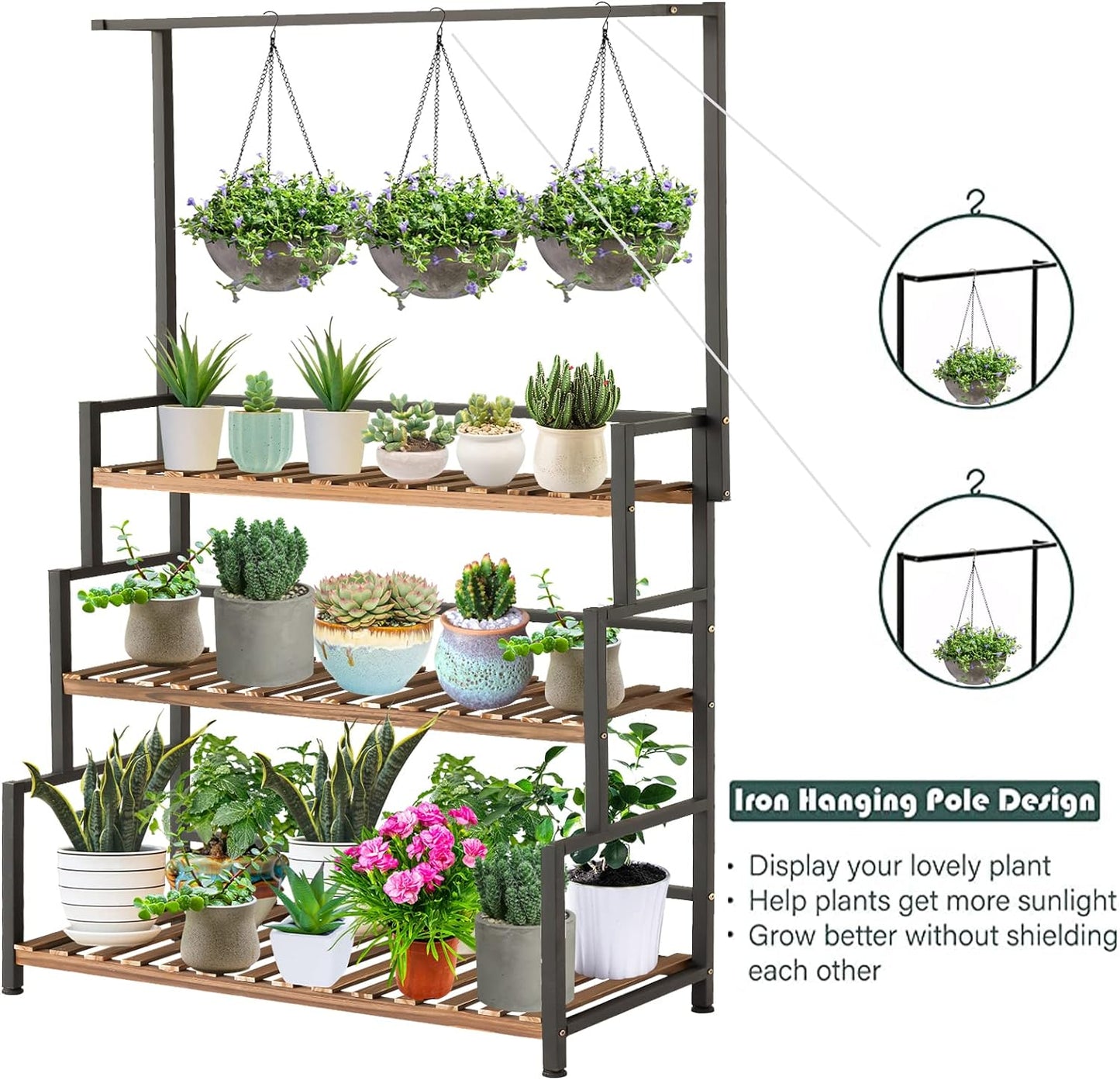 Plant Stand Outdoor Indoor Hanging Plant Shelf for Multiple Plants 3 Tier Tall Plant Stand Wood Rack with Metal Frame for Patio Garden Balcony