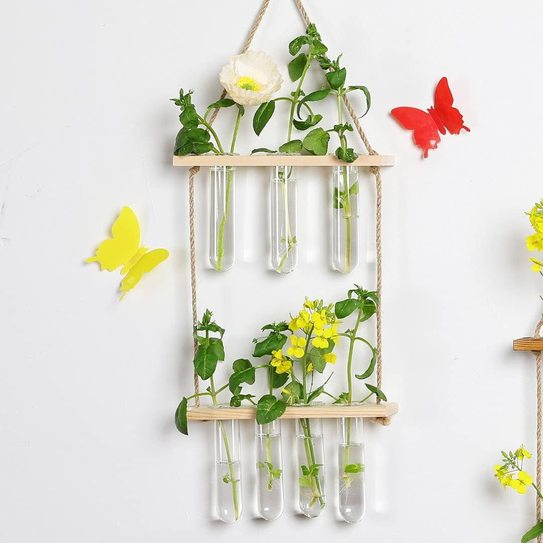 Hanging Planters, Hanging Glass Vases Propagation Station for Hydroponic Plants Flower Indoor Outdoor Home Garden Office Wall Decoration (7 Test Tube, Beige)