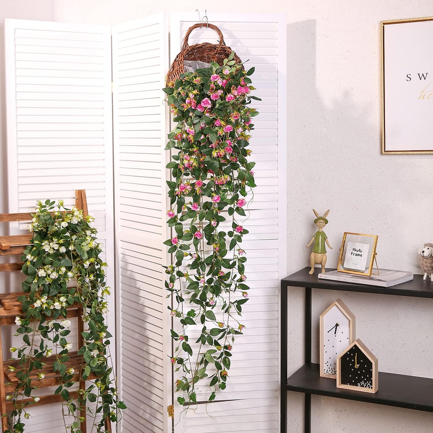 Artificial Hanging Plants with Rose Flowers, 5FT Garland Fake Hanging Flower Greeny Chain Wall Home Room Garden Wedding Indoor Outdoor Decorative (Purple, Not Include Basket)