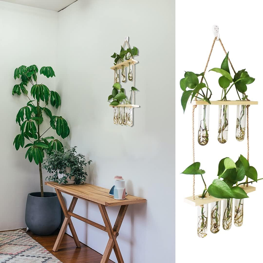 Hanging Planters, Hanging Glass Vases Propagation Station for Hydroponic Plants Flower Indoor Outdoor Home Garden Office Wall Decoration (7 Test Tube, Beige)