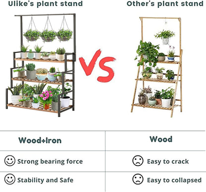 Plant Stand Outdoor Indoor Hanging Plant Shelf for Multiple Plants 3 Tier Tall Plant Stand Wood Rack with Metal Frame for Patio Garden Balcony