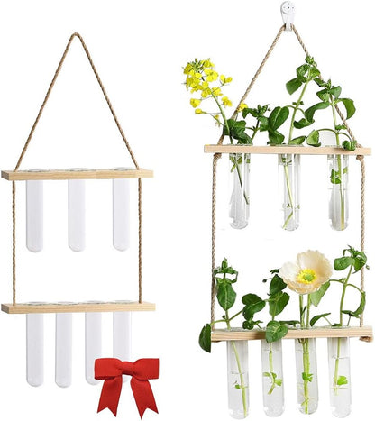 Hanging Planters, Hanging Glass Vases Propagation Station for Hydroponic Plants Flower Indoor Outdoor Home Garden Office Wall Decoration (7 Test Tube, Beige)