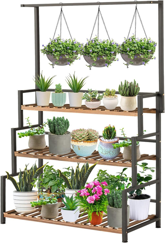 Plant Stand Outdoor Indoor Hanging Plant Shelf for Multiple Plants 3 Tier Tall Plant Stand Wood Rack with Metal Frame for Patio Garden Balcony