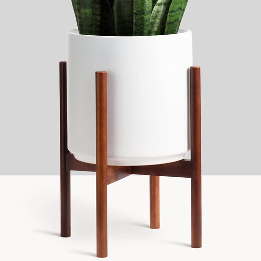 12" White Classic Planter and Plant Stand. Ceramic Plant Pot and Wood Plant Stand Set.