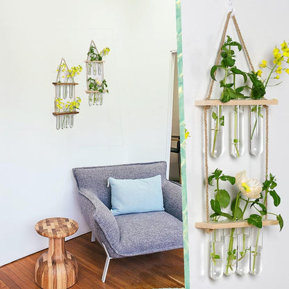Hanging Planters, Hanging Glass Vases Propagation Station for Hydroponic Plants Flower Indoor Outdoor Home Garden Office Wall Decoration (7 Test Tube, Beige)